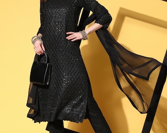 Indian Party/Wedding Wear - Black Hyper Texture Kurta With Trouser & Dupatta - Salwar Kameez Set - Indian Salwar Suit Set - Indian Dress