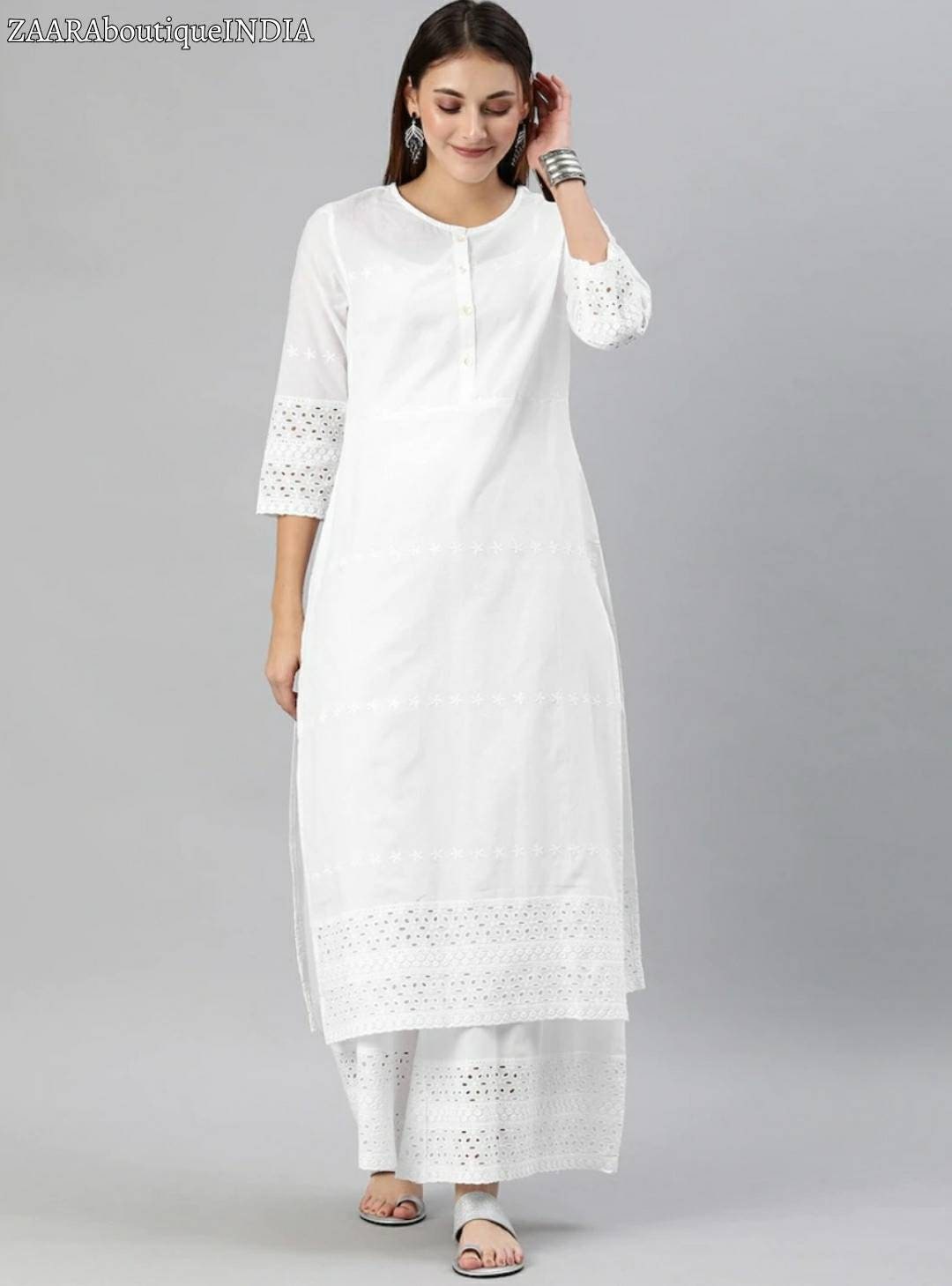 White Cotton Anarkali Kurti Pant Set with Dupatta | Hamari Dharohar