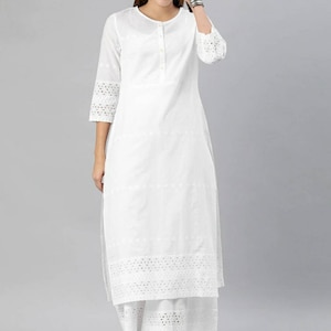 Reine Baumwolle Kurta Set für Frauen | Weiß besticktes festes Kurti Kleid | Weißes Kleid für Frauen | Indianer Kleid | Kurta Mit Palazzo | XS Kurti