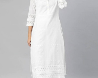 Pure Cotton Kurta Set for Women | White Embroidered Solid Pure Cotton Kurta Set for Women | White Embroidered Solid