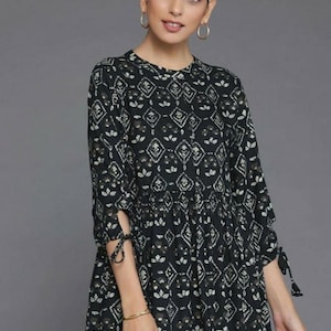 Kurtis Tunic For Women, Geometric Printed Black Top For Women, Short Kurti Dress, Summer Wear, Indian Ethnic Top For Women, Boho Top