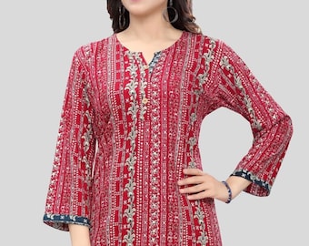 Kurtis Tunic For Women,  Red motifs Printed Kurti Top For Women, Short Kurti Dress, Summer Wear, Indian Ethnic Top For Women, Boho Top