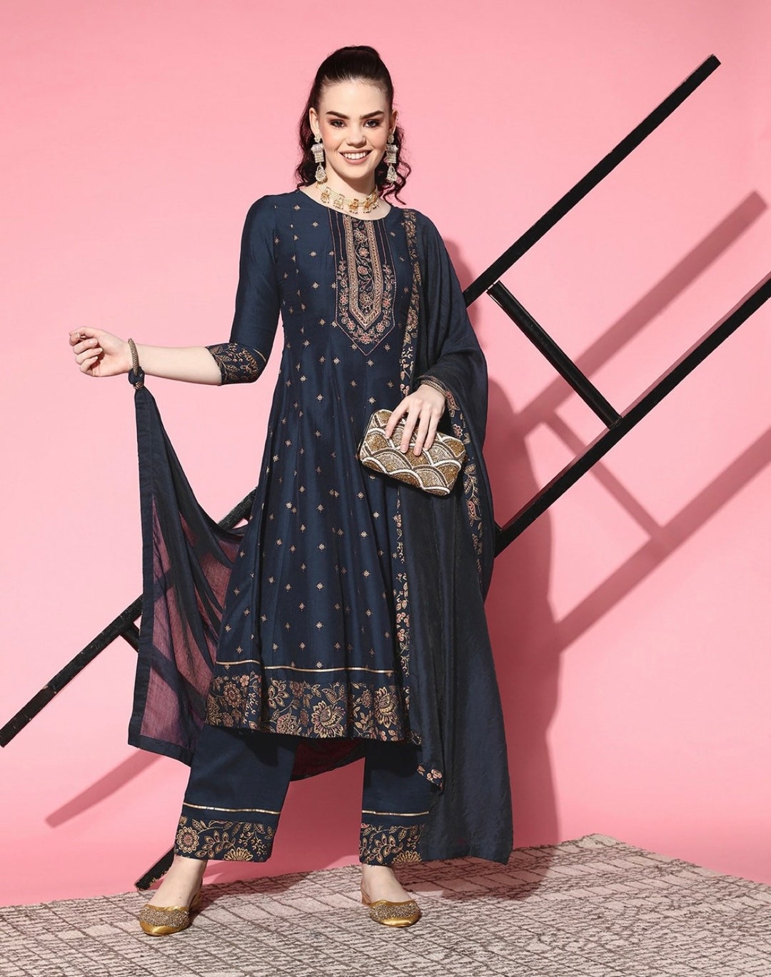 Indian Party/wedding Wear Blue Pleated Zari Embroidered Silk Kurta With ...