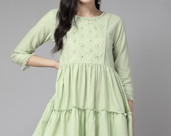 Hauts tuniques pour femme - Haut tunique vert brodé en dentelle et coton - Kurta Kurtis court pour femme - Hauts d'été T-shirts T-shirt grande taille