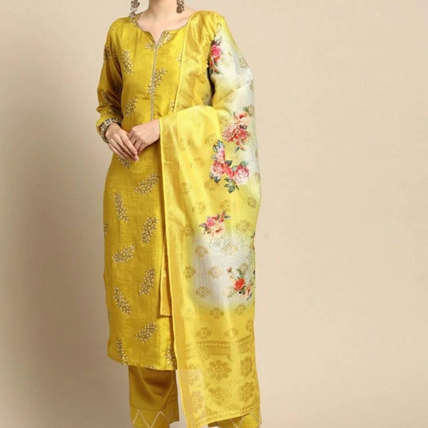 Silk Kurta Sets For Women - Yellow Printed Silk Blend Kurta With Trousers & Dupatta - Indian Party Wear Dress - Kurta With Palazzos Women