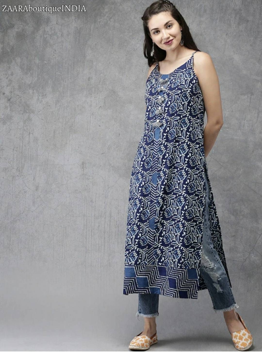 Women Blue Ethnic Printed Straight Sleeveless Kurta – Trendphoria