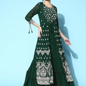 Maxi Dress - Anarkali Kurta - Green Georgette Fluied Tie-up Dress - Women Party Dress - Anniversary Gift - Indian Ethnic Dress - Gown Dress