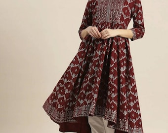 Anarkali Kurta | Maroon Printed A-Line Kurta | Gift For Her | Women Festive Party Wear | Indian Tunic | Indian Dress | Ethnic Wear women  XS