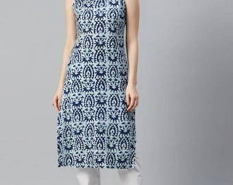 Ärmlös kurti, kurta för kvinnor, marinblå och vit tryckt kurta för kvinnor, present till henne, maskintvättbar, indisk klänning, kurta i plusstorlek 3XL