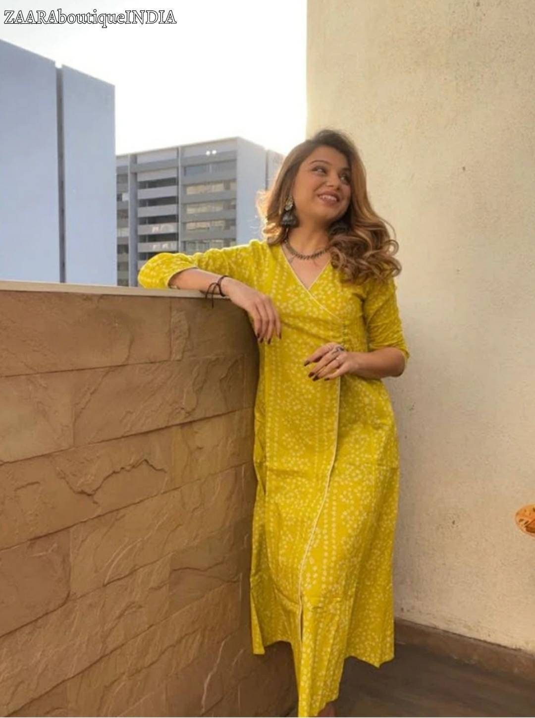 Buy Indya Yellow Anarkali Kurta with Churidar & Embroidered Dupatta (Set of  3) online