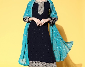 Indian Party Wear Dress For Women - Blue Zari Embroidered Kurta With Trouser & Dupatta - Pakistani Salwar Kameez Suite - Indian Dress