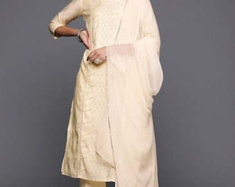 Indian Dress For Women - Off White Embroidered Thread Work Silk Kurta With Trouser & Dupatta - Salwar Kameez Set - Indian Party Wear Dress