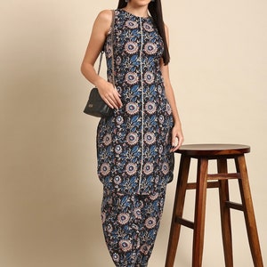 Sleevless Kurta Set - Black Floral Printed Cotton Kurta with Dhoti Pant For Women - Summer Wear Salwar Kameez - Office Wear - Indian Dress