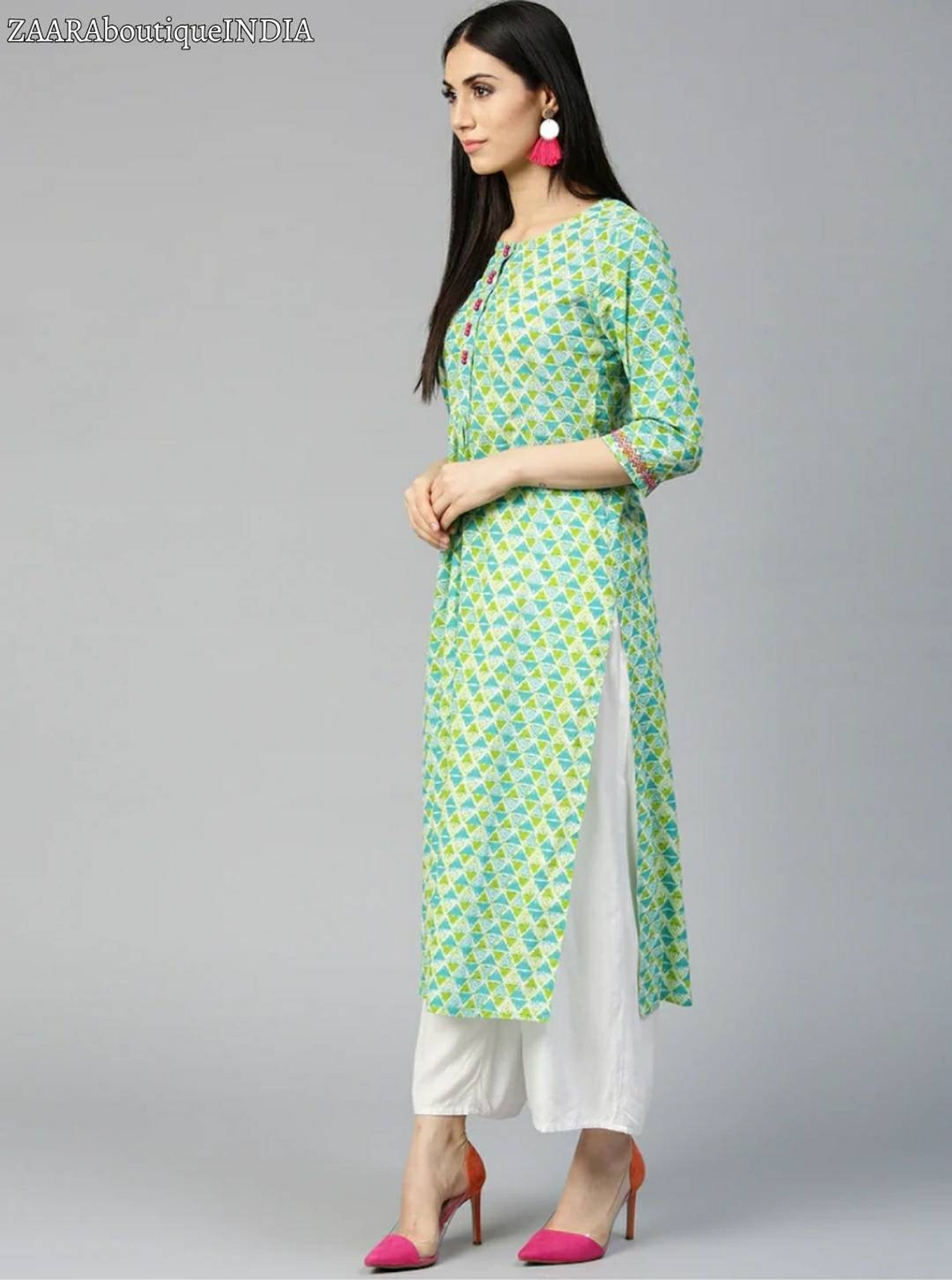 Kurti Blue & Green Printed Straight Kurta Ethnic Dress - Etsy