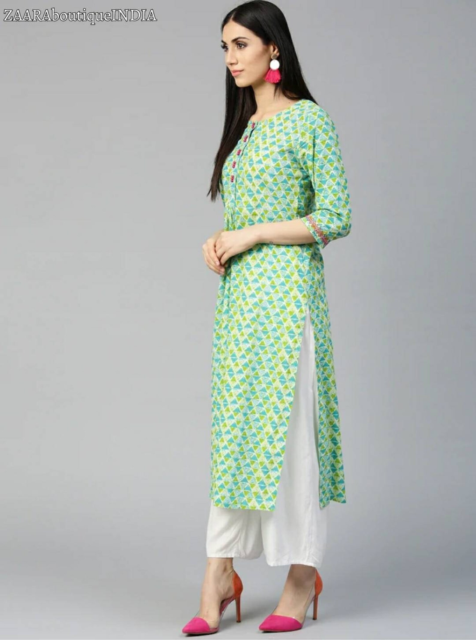 Blue Embroidered U Neck Straight Kurti