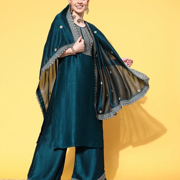 Indian Party/Wedding Wear - Teal Motifs Embroidered Silk Kurta With Palazzo & Dupatta -  Salwar Kameez  Set - Plus Size Kurta With Trouser
