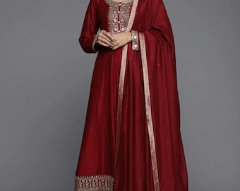Pakistani Salwar Kameez Ready Made Party Wear Kurta Set Maroon Floral Embroidered Silk Kurta With Churidar With Dupatta Kurta With Palazzos