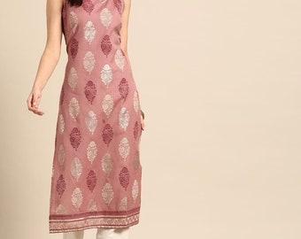 Kurta för kvinnor - Rosa etniska motiv tryckt kurta för kvinnor - Ärmlös kurta - Present till henne - Sommarklänning med topp och tunika - Indisk etnisk klänning