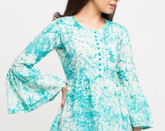 Pure Cotton Tunic Tops For Women Turquoise Blue A-line Printed Top Short Kurta Kurtis For Women Summer Tops Tees T-shirt Plus Size Boho Tops