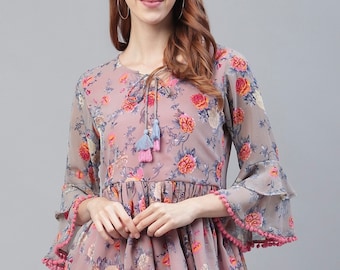 Kurtis For women - Grey & Pink Printed A-line Kurti Top Tees - Short Kurta - Indian Tunics - Summer Top Tees For Women - Short Ethnic Kurta