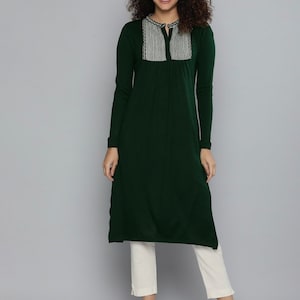 Woollen Kurta For Women - Green Yoke Design Knitted Woollen Kurta - Indian Kashmiri Kurta - Indian Tunic - Winter Wear