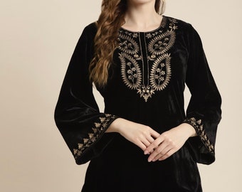 Velvet Kurtis Tunic For Women, Black & Gold Embroidered Flared Sleeves Velvet Kurti For Women, Short Kurti Dress, Winter Wear, Indian Dress