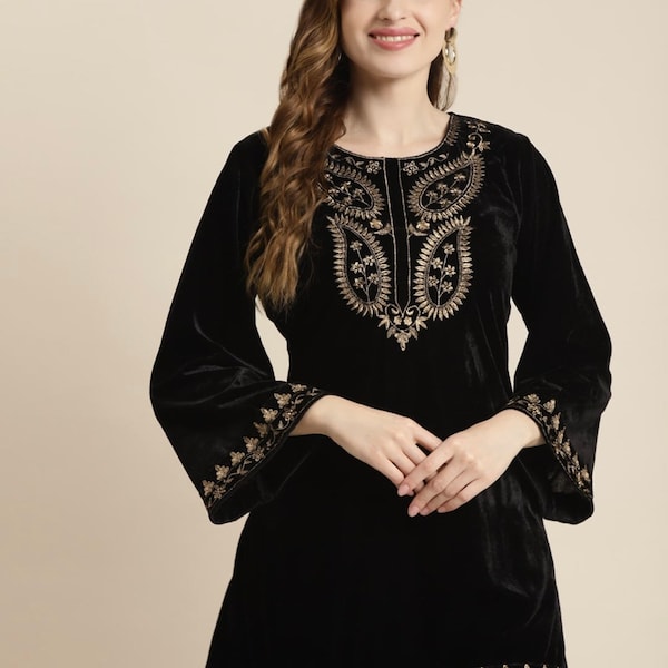 Velvet Kurtis Tunic For Women, Black & Gold Embroidered Flared Sleeves Velvet Kurti For Women, Short Kurti Dress, Winter Wear, Indian Dress