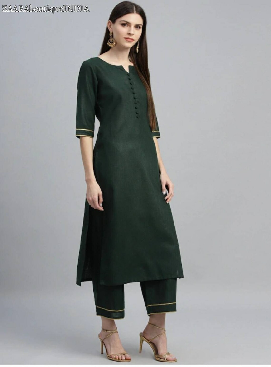 Women Cotton Blend Green Kurta set