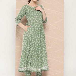Pastel Green Floral Print Pure Cotton Kurta Set with Dupatta – Elegant Ethnic Wear by Aaronee main image 1