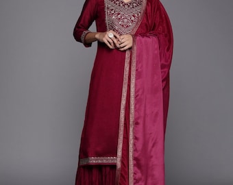 Silk Kurta Sets For Women - Indian Wedding Wear - Fuchsia Embroidered Straight Kurta With Sharara and Dupatta - Salwar Suit - Wedding Wear