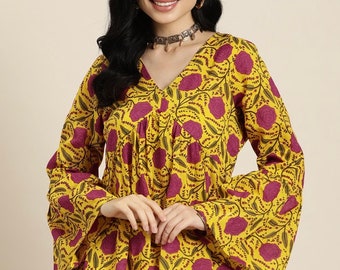 Tunics For Women | Yello & Pink Pure Cotton Printed Tunic | Indian Ethnic Tunic | Short Kurtis For Women | Summer Wear | Plus Size 3XL Tunic