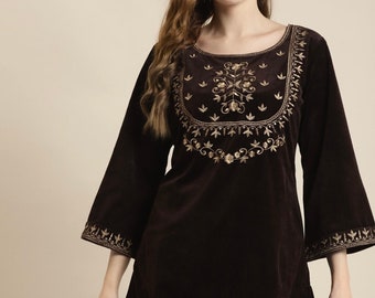 Velvet Kurtis Tunic For Women, Brown & Gold Embroidered Flared Sleeves Velvet Kurti For Women, Short Kurti Dress, Winter Wear, Indian Dress