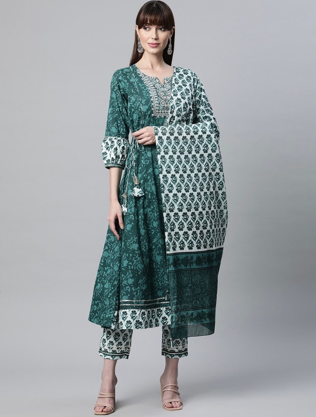 Teal Floral Printed Straight Kurta with Palazzo and Stole Set