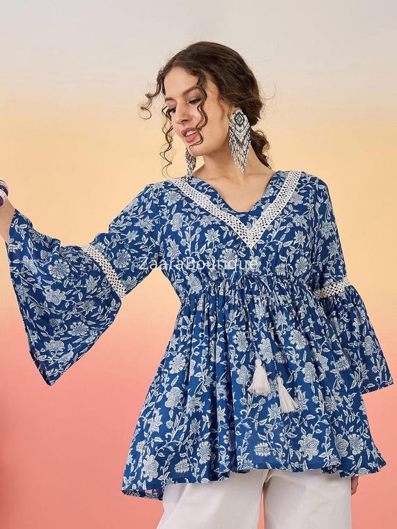 Kurti Donna Blu Floreale In Crepe, Top Indiano Tunica Camicia, Maniche 3/4, Scollo Coreano, Unified Clothes