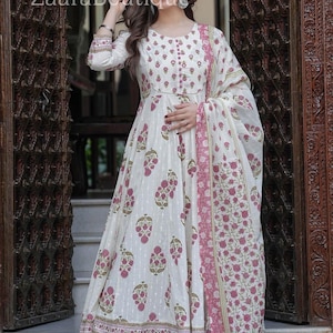 Purple Cotton Kurta Sets For Women - Purple Printed Mirrot Work Anarkali Kurta With Trouser  & Dupatta - Summer Office Wear - Indian Dress