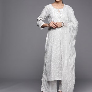 Salwar Kameez, vestido de fiesta indio para mujer, hilo bordado gris mezcla de algodón Kurta con pantalones con Dupatta, vestido indio
