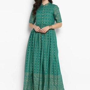 Maxi Dress | Green & Golden Printed Maxi Dress For Women | Pure Cotton Maxi Dress | Indian Dress | Ethnic Wear | Indian Tunic | Party Wear