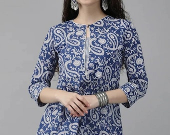 Tunics For Women | Blue & White Printed Pure Cotton Kurti Top | Short Kurta | Indian Tunics | Indian Top Tees Women | Ethnic Short Kurti XS