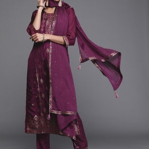 Indische Party/Hochzeitskleidung - Aubergine & Gold Zari bestickte Seide Kurta mit Palazzo mit Dupatta - Salwar Kameez - Kurta mit Hose