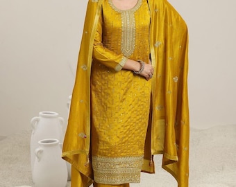 Silk Kurta Set For Women - Mustard Yellow Embroidered Straight Kurta with Palazzo & Dupatta - Festive Party Wedding Wear - Indian Dress