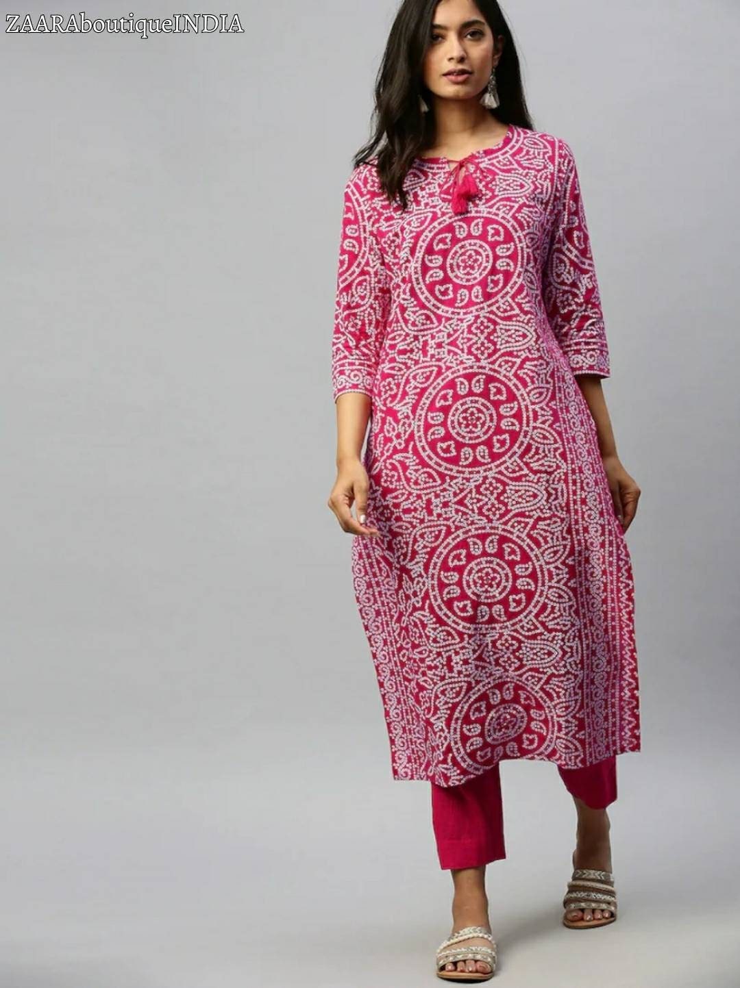 Pink & White Bandhani Printed Kurta With Trouser, Cotton Kurta and ...