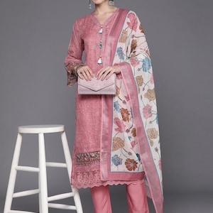 Indian Party Wear Dress For Women - Peach Embroidered Linen Kurta With Trousers & Dupatta - Salwar Kameez Set - Ethnic Set - Indian Dress