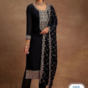 Party Wear Dress Salwar Kameez Set - Navy Blue Zari Embroidered Kurta With Trousers & Dupatta - Silk Kurta Set - Indian Wedding Wear
