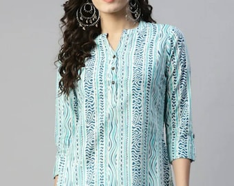 Indian Tunics For Women - Blue & White Printed Summer Tunic Top Kurti For Women - Short Kurta Top - Summer Tops Tees For Women - Ethnic Top