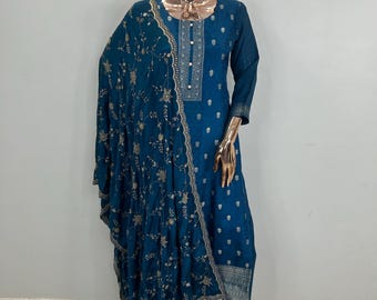 Indian Party Wear Dress For Women - Teal Blue Zari Embroidered Silk Kurta With Trousers & Dupatta - Salwar Kameez - Ethnic Set Indian Dress