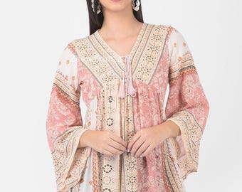 Túnicas para mujer - Kurti imperio estampado rosa - Blusa kurta corta - Túnicas indias - Camisetas indias para mujer - Kurti corto étnico talla XS