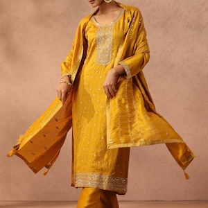 Silk Kurta Sets For Women - Mustard Yellow Embroidered Pure Silk Kurta With Trousers - Indian Party Wear - Salwar Kameez Set - Indian Dress