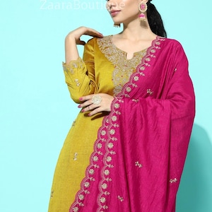 Indisches Party Wear Kleid für Frauen - Gelb und Pink Zari bestickte Seide Kurta mit Palazzo & Dupatta - Salwar Kameez Set - Indisches Kleid