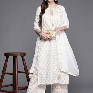 Indisches Kleid für Frauen - Off-White Yoke Design Printed Kurta Mit Palazzos & Dupatta - Salwar Kameez Set - Indian Party Wear Kleid