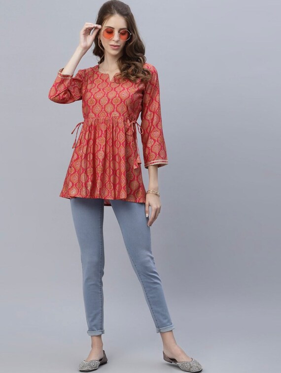 Kurtis for Women Indian Tunic Short Kurta Dress Pink Yellow